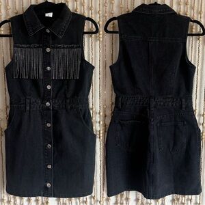 Rocker Grunge Western Glam Black Rhinestone Fringe Denim Button Down Dress Sm